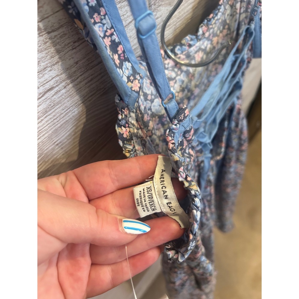 American Eagle Floral Lace Up Back Mini Dress Blue Pink Ditsy Babydoll XS NEW - Picture 7 of 9